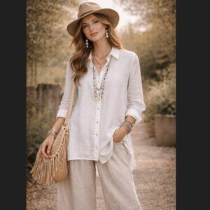 Comfy USA Linen Tunic M White Asym Pleated Back Lagenlook Boho Chic